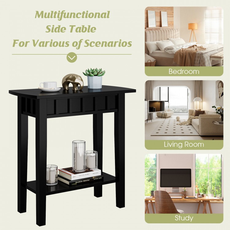 Narrow black wood end table with storage shelf, ideal for small spaces, suitable for bedroom, living room, or study use.